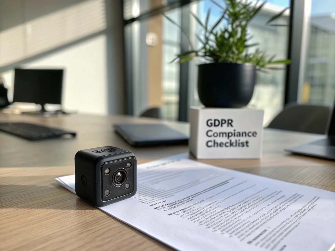 Un document de conformité légale posé à côté d'une petite caméra espion sur un bureau.