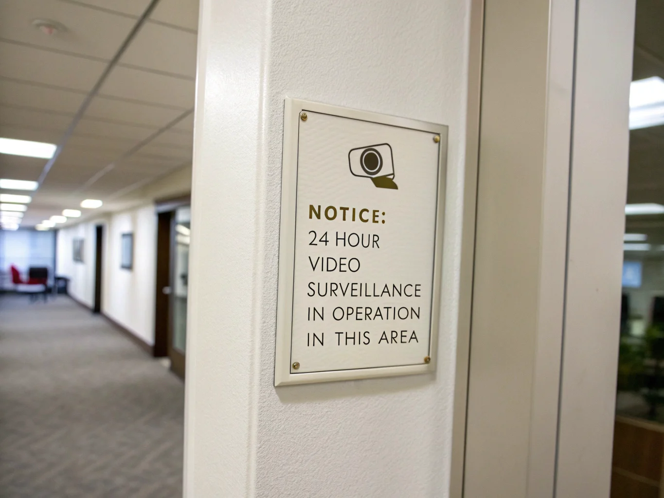 Un petit panneau sur le mur d'un bureau indique que la vidéosurveillance est en place.