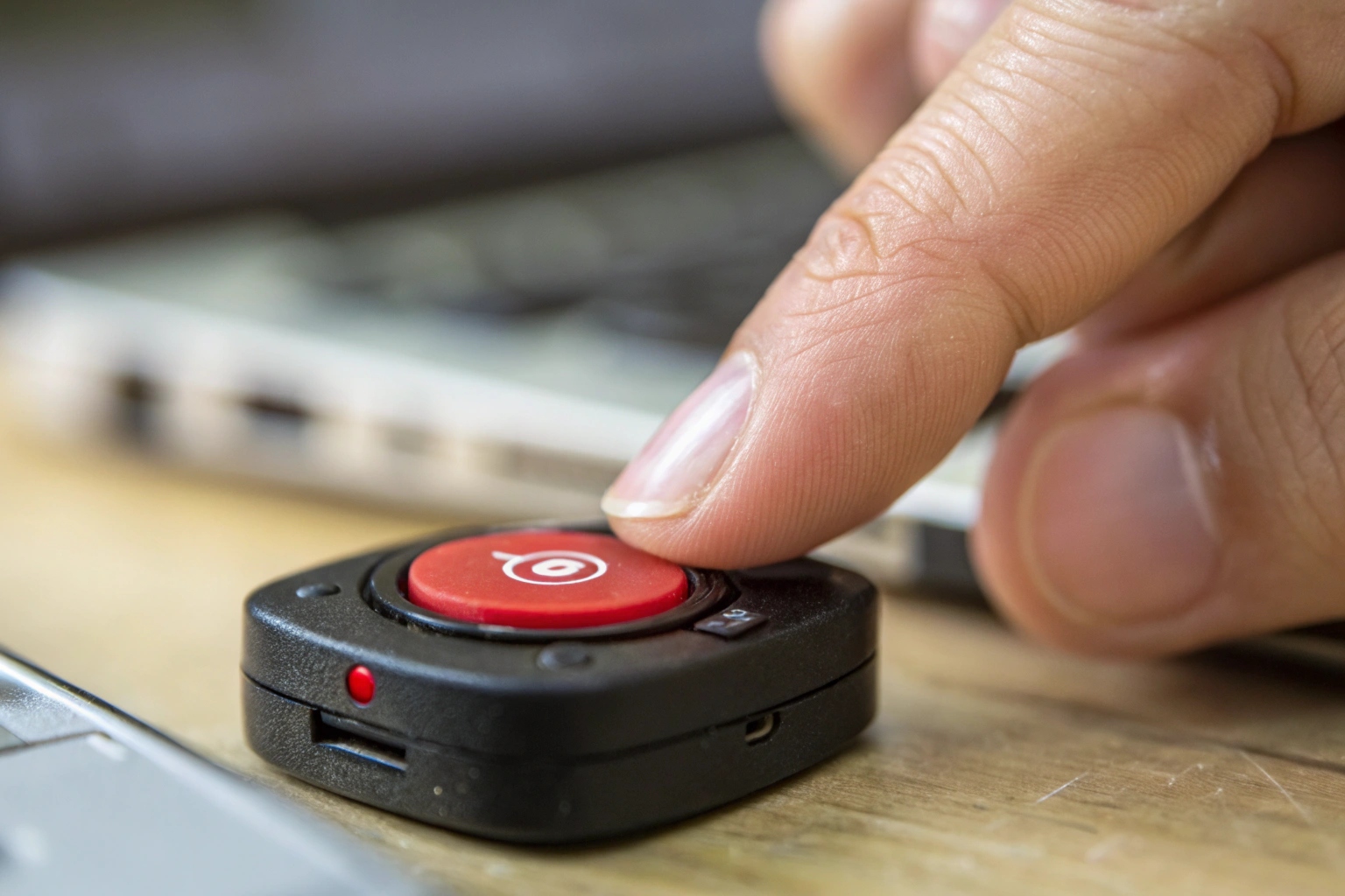 Nahaufnahme eines Fingers, der eine einzelne, hervorstehende Aufnahmetaste auf einem Mini-Sprachaufzeichnungsgerät drückt