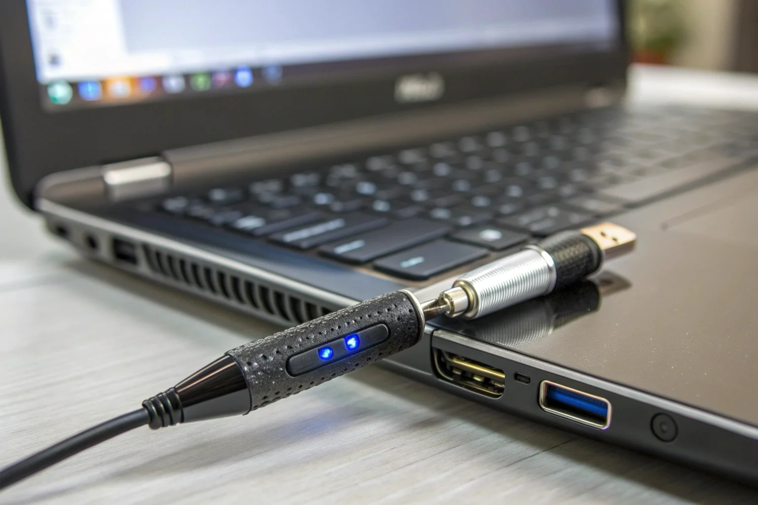 Une caméra stylo se recharge via USB et est connectée à un ordinateur portable.