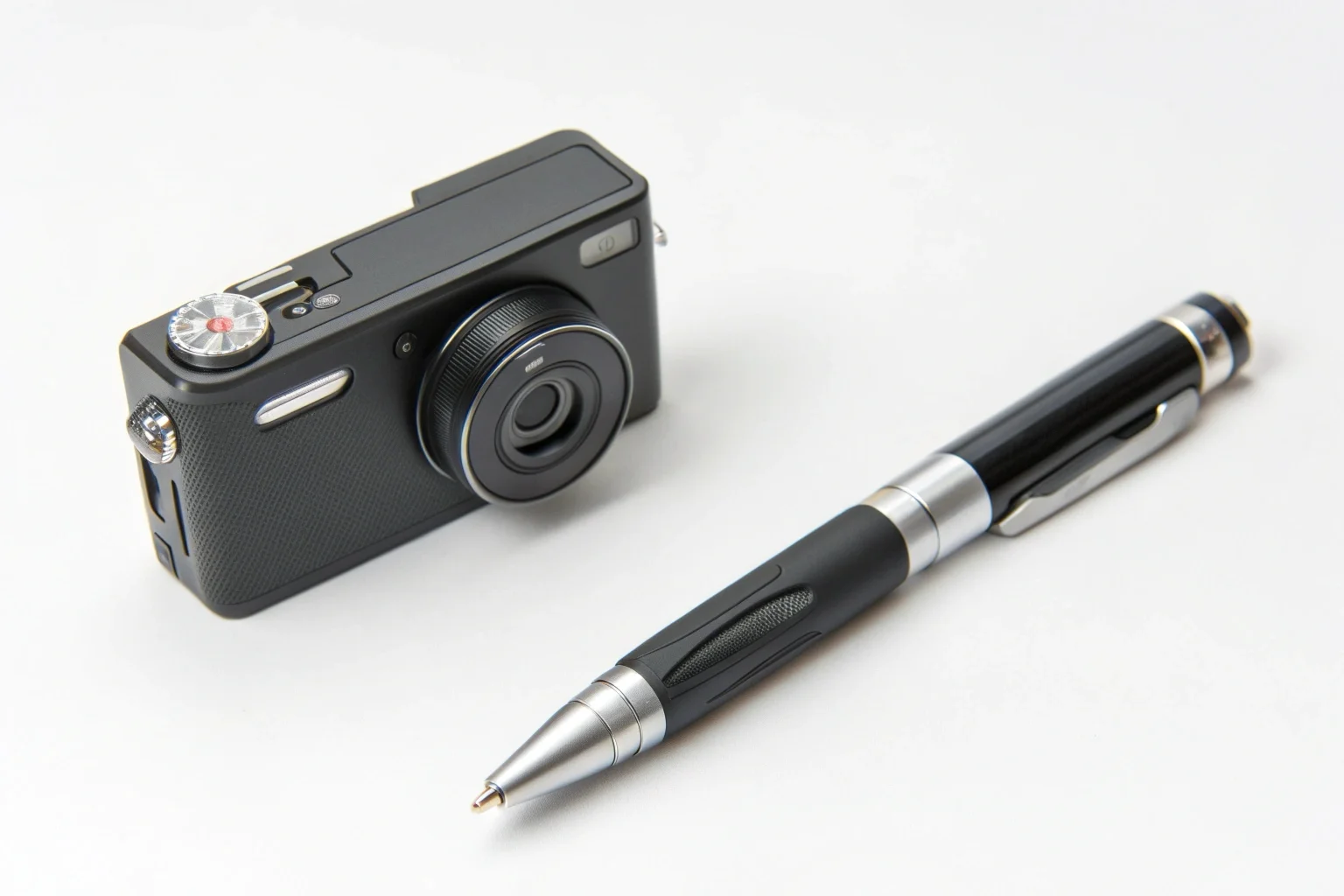 Comparaison côte à côte d'une caméra stylo et d'une caméra corporelle montrant leurs tailles relatives