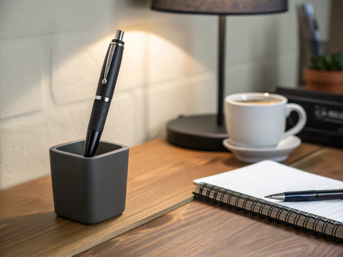 Une caméra cachée dans un stylo, placée dans un porte-stylo sur un bureau, non connectée à un réseau.