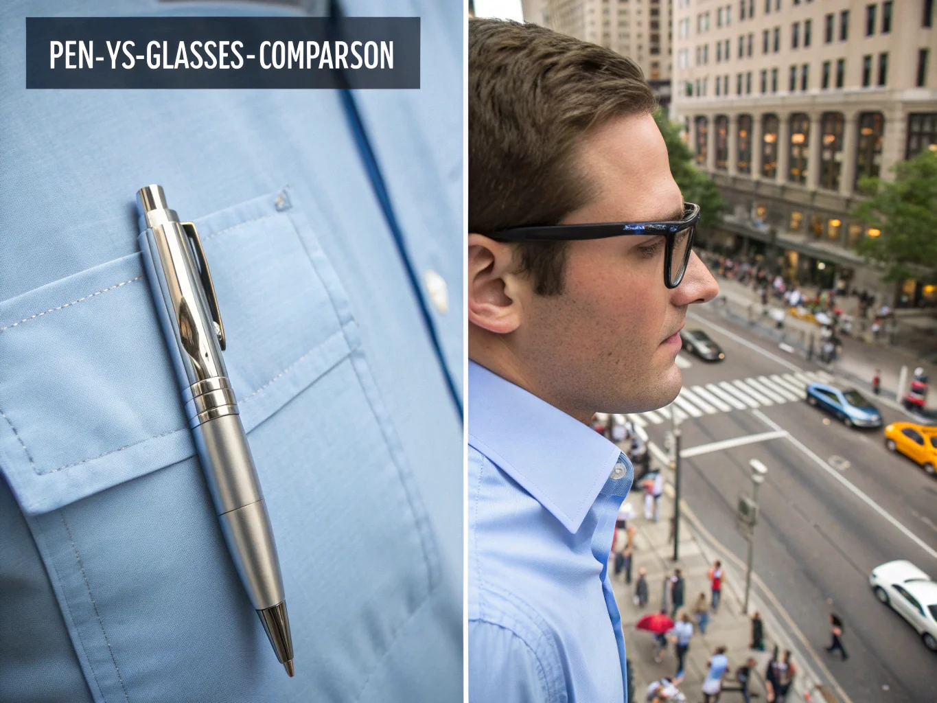 Une image divisée en deux parties montrant à gauche un stylo espion accroché à une poche de chemise et à droite une vue subjective à travers des lunettes d'espion.