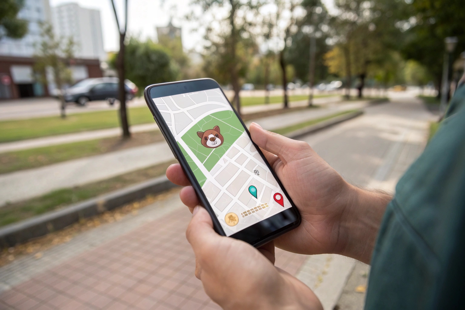 Une interface d'application pour smartphone claire et moderne affichant la position précise d'un animal de compagnie sur une carte avec une icône de chien heureux
