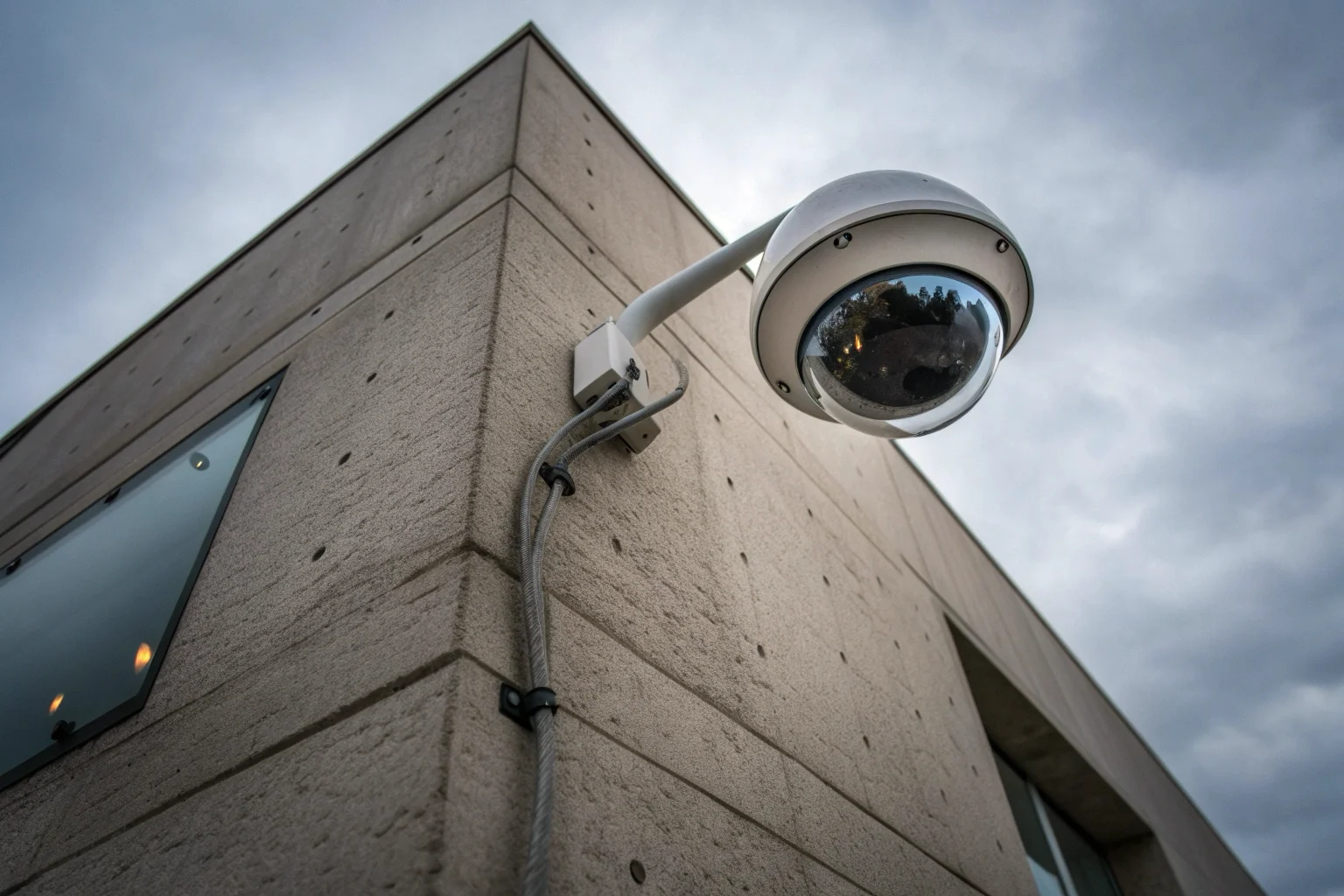 Une caméra PoE professionnelle installée sur un bâtiment commercial moderne