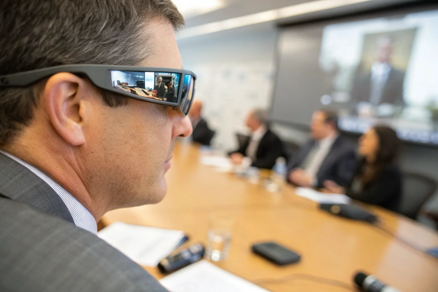 Un professionnel indossa avec discrétion occhiali avec caméra espion lors d'une réunion de travail dans une salle de conférence moderne.