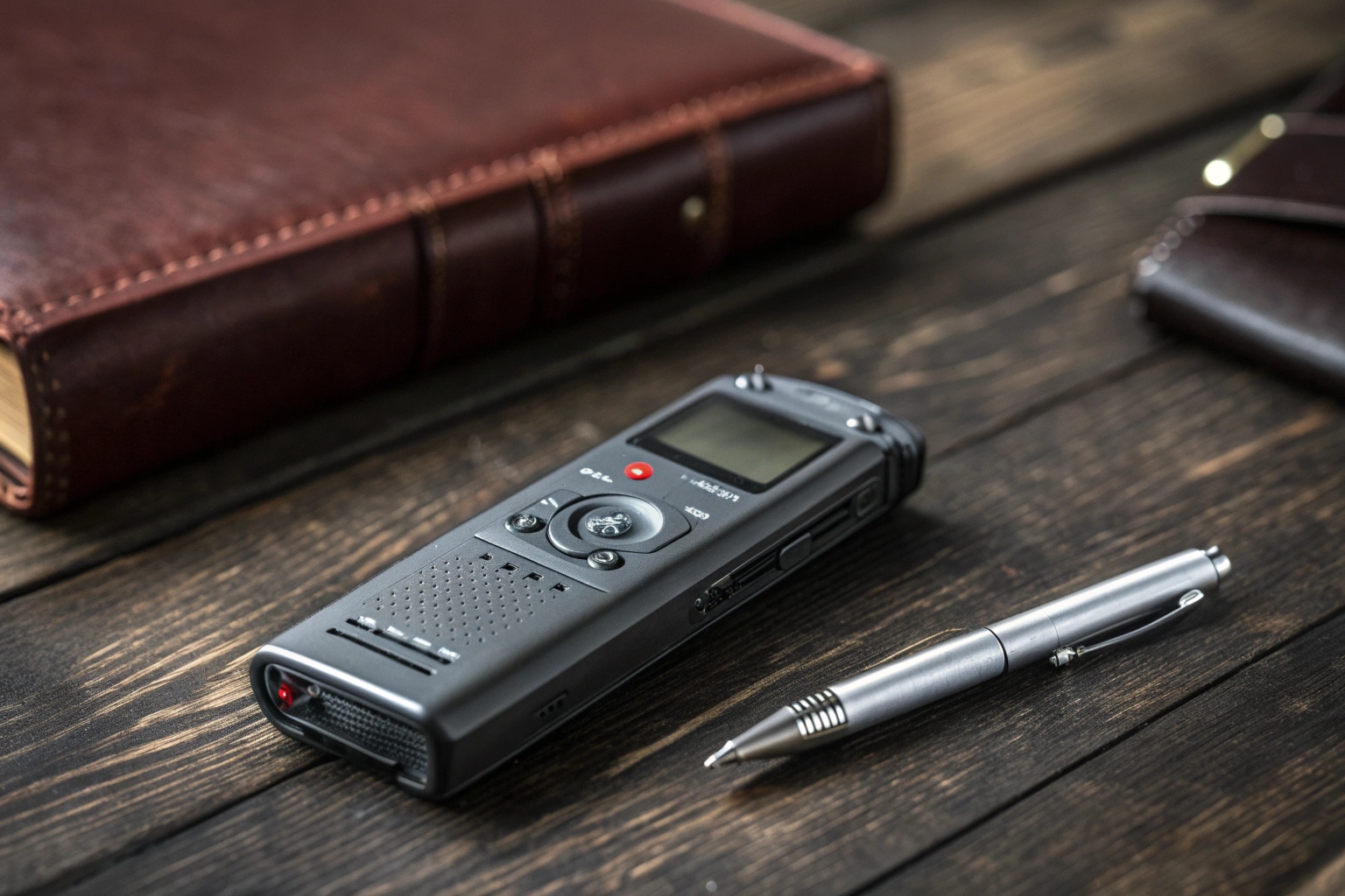 Un enregistreur vocal numérique professionnel posé sur une table en bois à côté d'un bloc-notes.