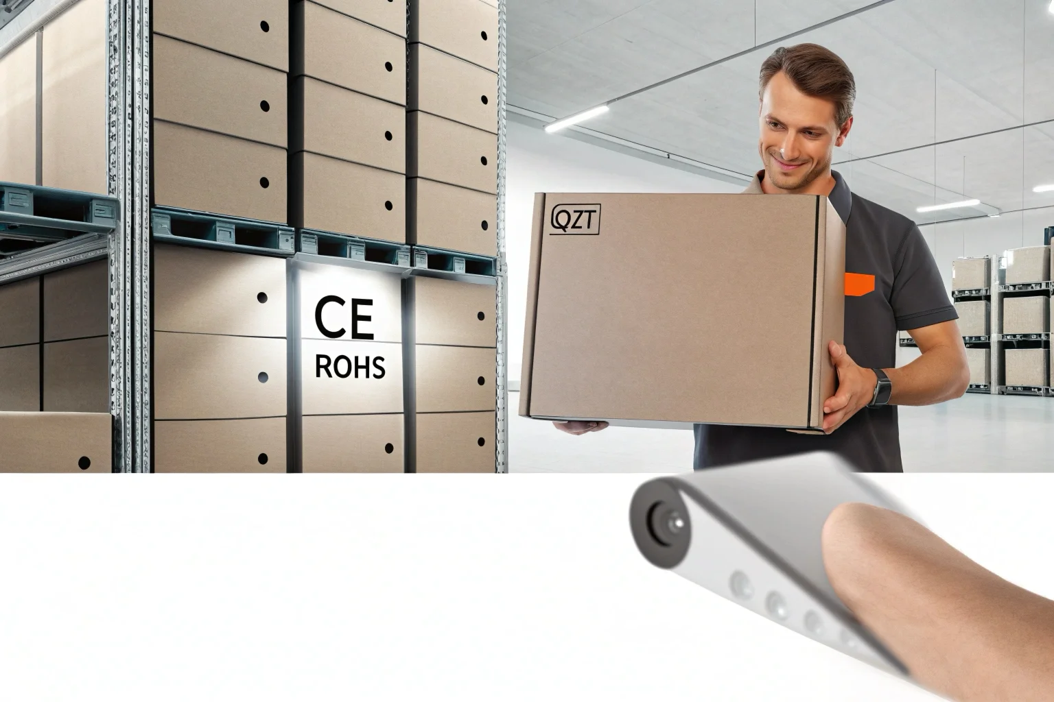 Une allée propre d'entrepôt avec des étagères de boîtes étiquetées du logo QZT et un drapeau italien bien visible