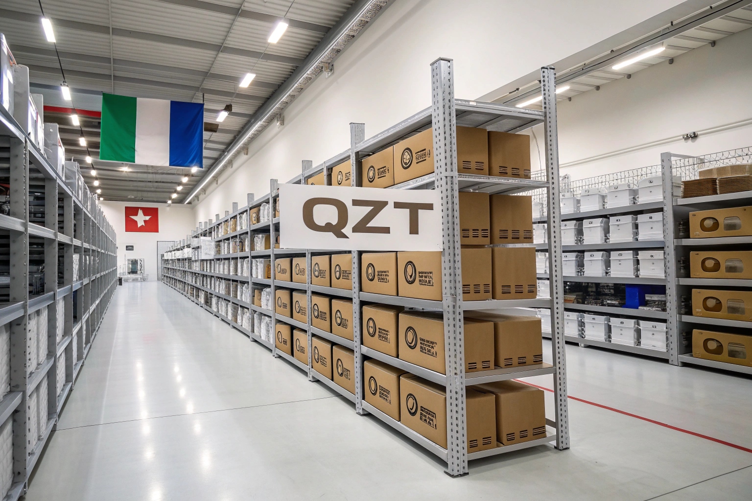 L'intérieur d'un entrepôt lumineux, propre et bien organisé présente des étagères remplies de boîtes de marque QZT. Un drapeau italien se devine discrètement en arrière-plan.
