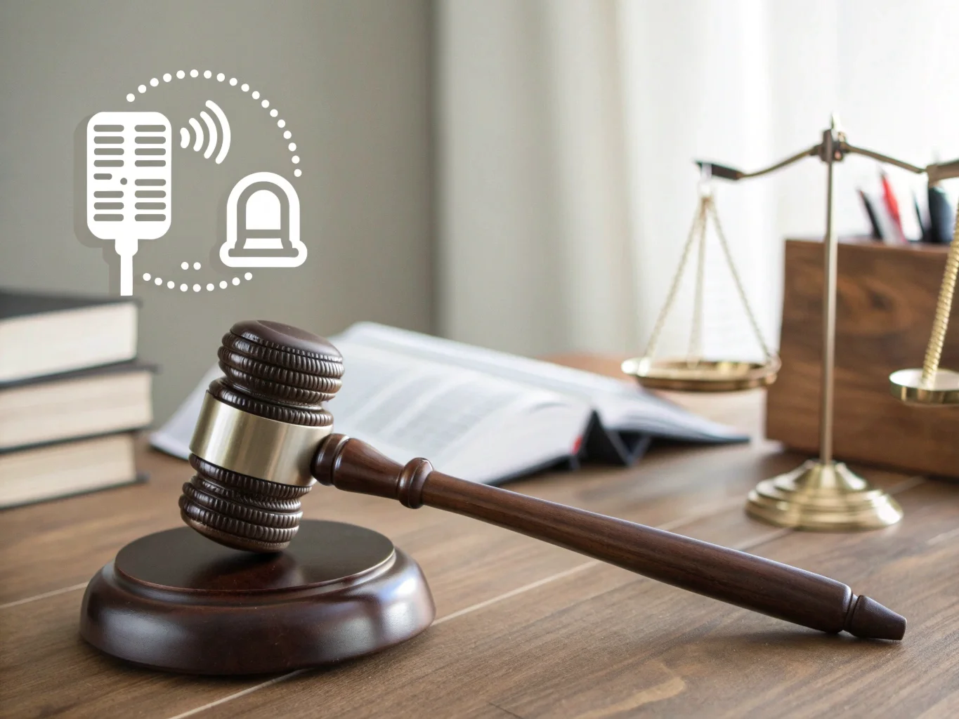 Un graphique montrant une icône de microphone à côté d'un marteau de juge, symbolisant les lois sur le consentement à l'enregistrement.