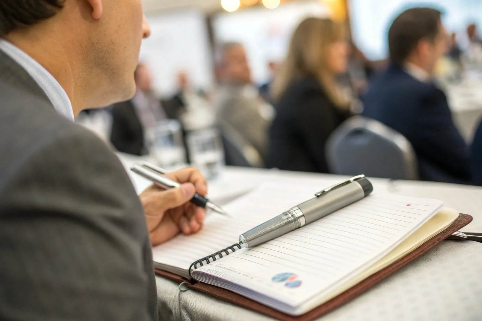 Un enregistreur vocal sous forme de penna appoggiato su un taccuino durante une réunion de travail
