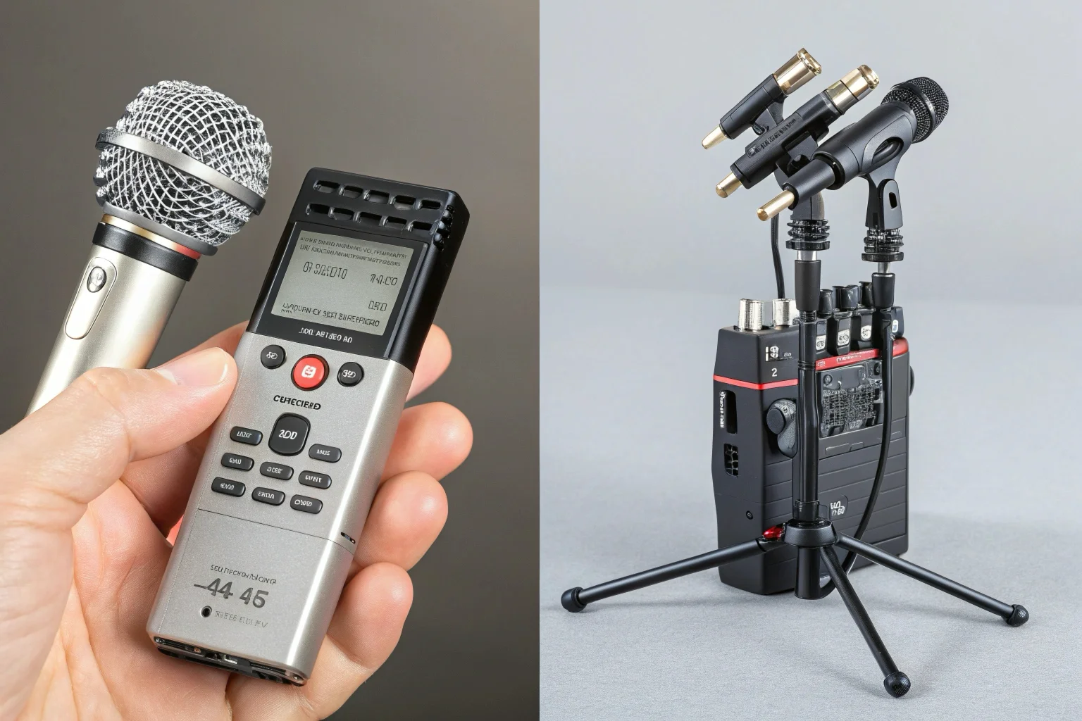 Confronto entre un enregistreur vocal compact et un enregistreur audio professionnel avec plus de microfoni