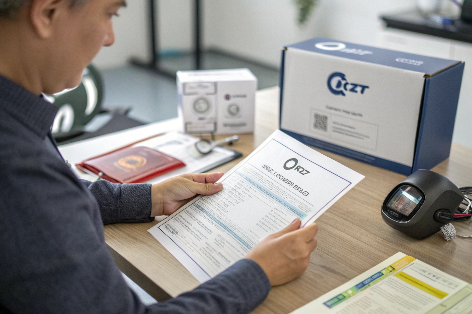 Une personne inspecte un certificat CE/ROHS avec une boîte de marque QZT et une mini-caméra en arrière-plan.