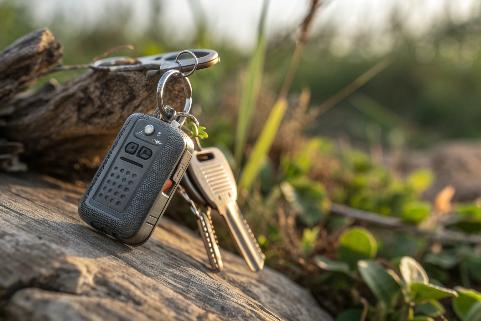 A rugged keychain voice recorder with a zinc alloy body displayed in a field environment.