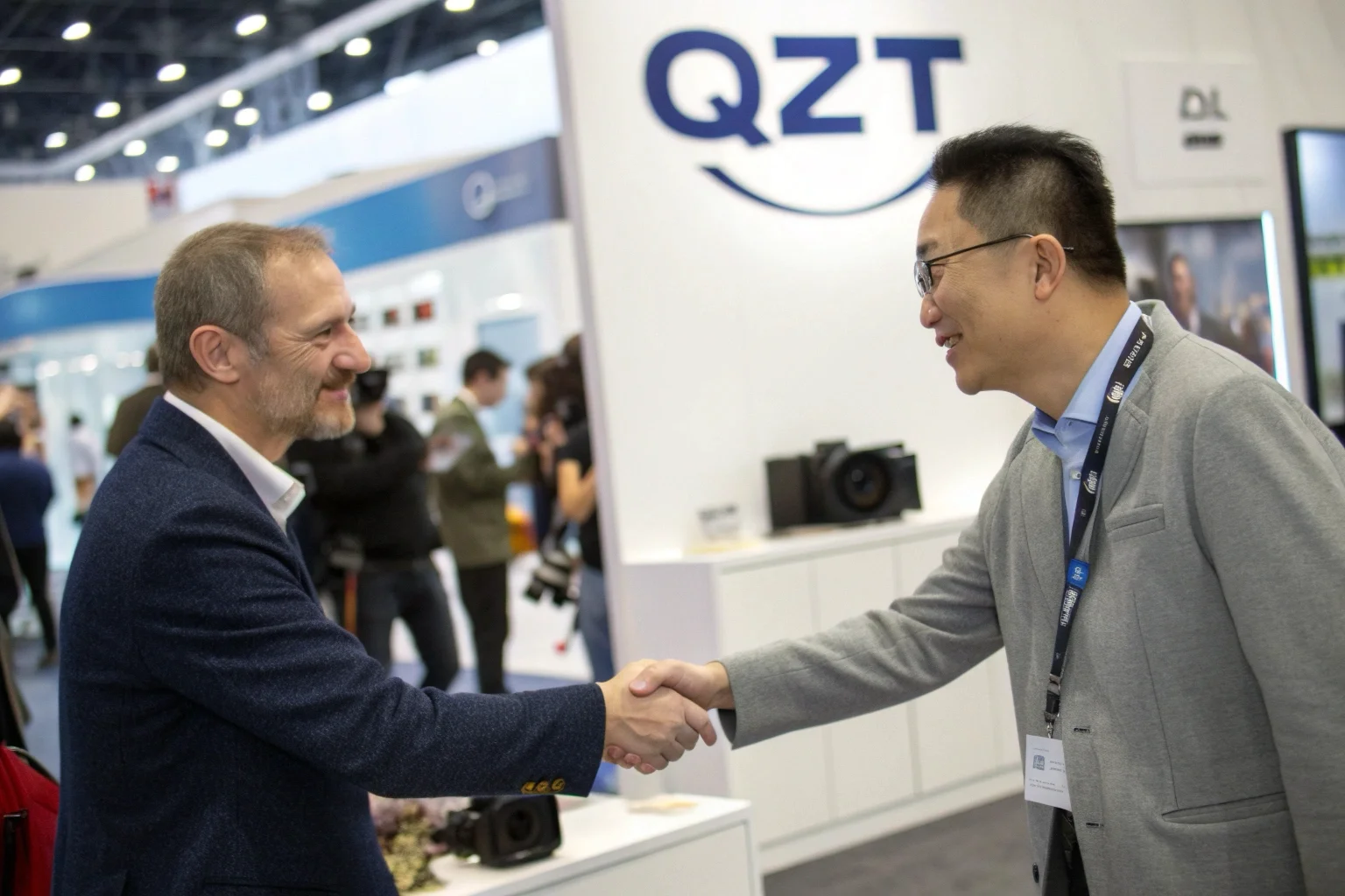 Une poignée de main professionnelle entre un chef d'entreprise et un fournisseur sur un stand de salon professionnel.