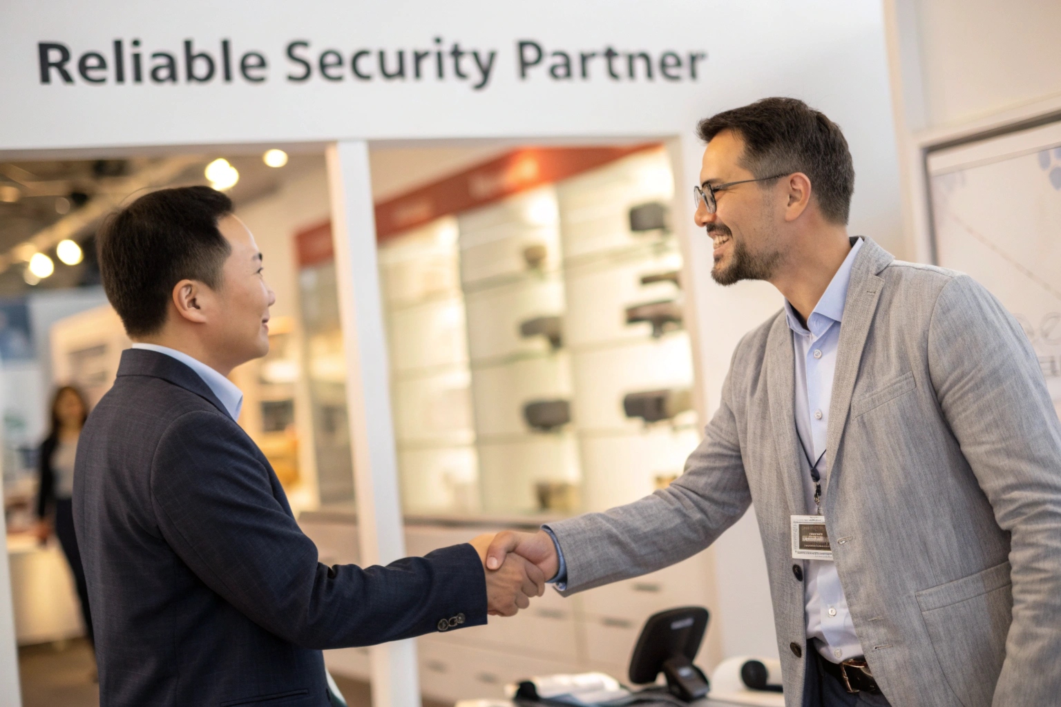 Une poignée de main entre deux hommes d'affaires devant un écran de caméras de sécurité