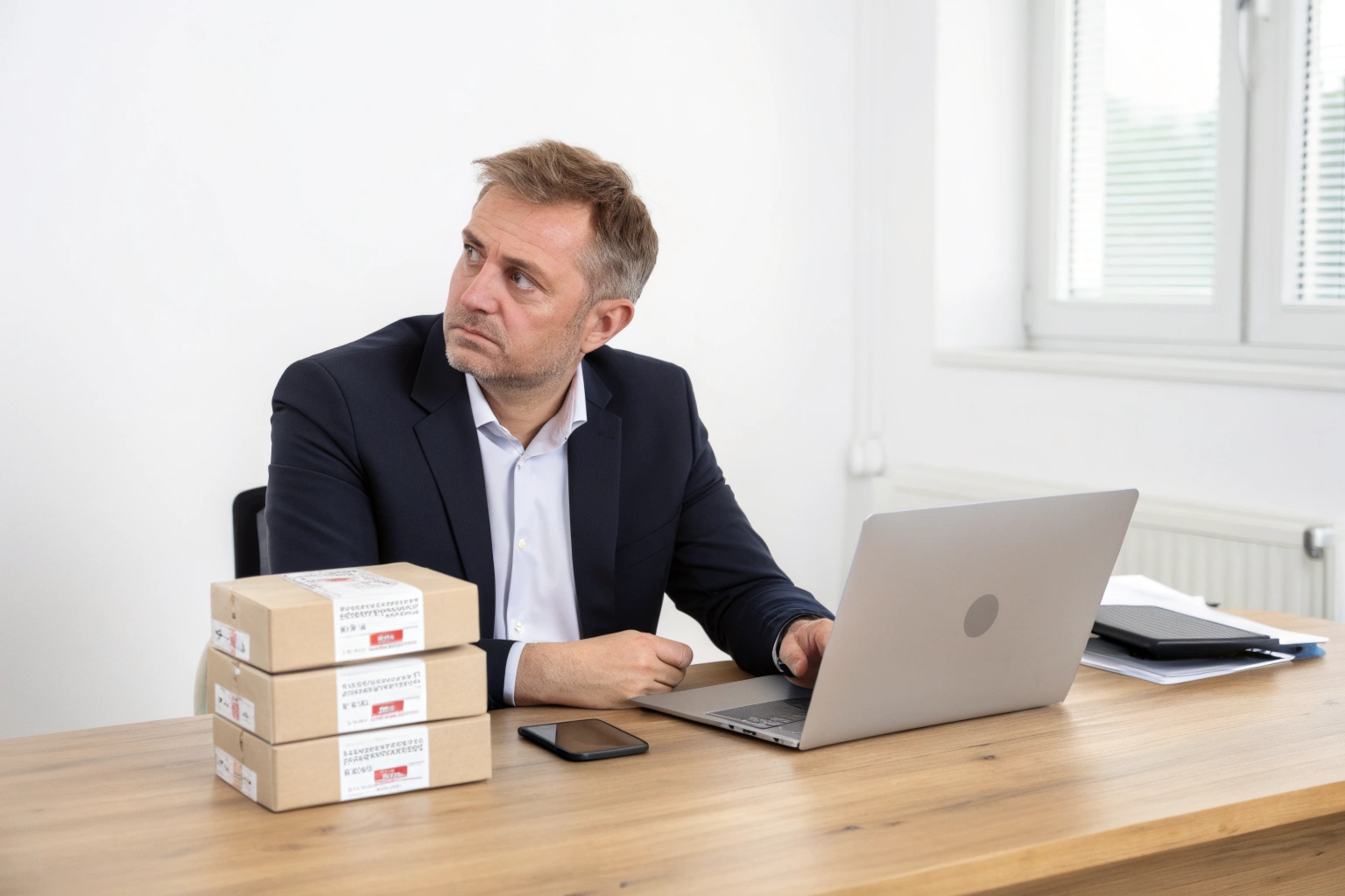 Un propriétaire de boutique en ligne frustré regarde une pile de boîtes de colliers intelligents pour animaux retournées sur un bureau