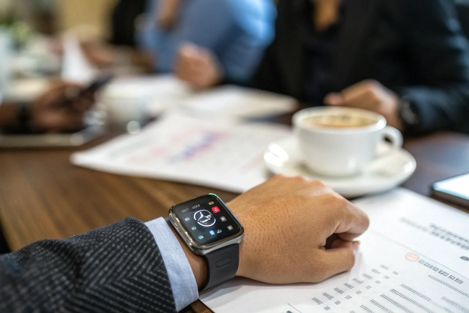 Gros plan sur l'enregistreur vocal de la montre S8 au poignet d'une personne lors d'une réunion professionnelle.