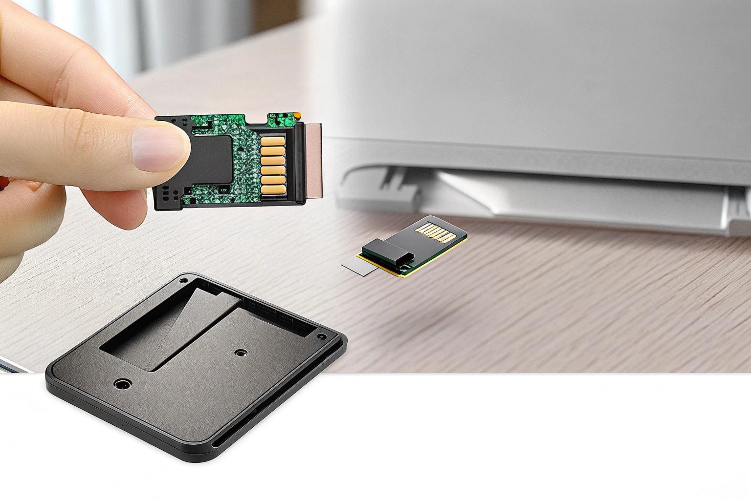 Gros plan sur une main retirant délicatement une petite carte microSD d'un module de caméra espion noir discret