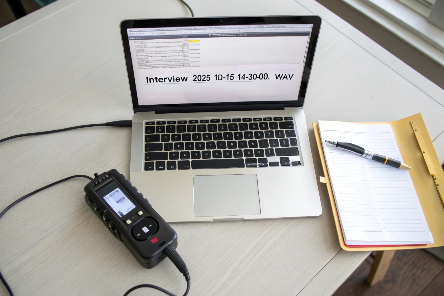 Un enregistreur numérique connecté à un ordinateur portable, affichant le transfert de fichiers audio horodatés.