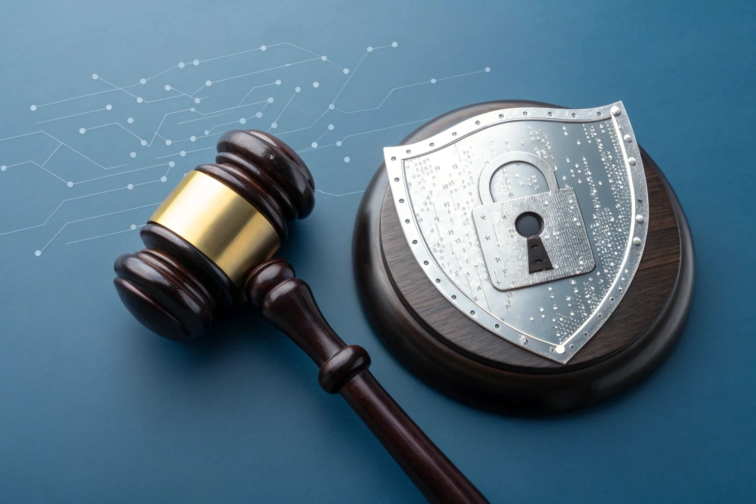 Une icône avec un marteau du tribunal et un scudo pour symboliser la protection de la vie privée