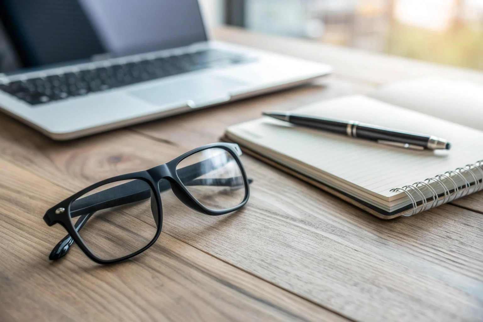 Une paire de lunettes de protection noires, élégantes et modernes, posées sur une table en bois à côté d'un carnet.