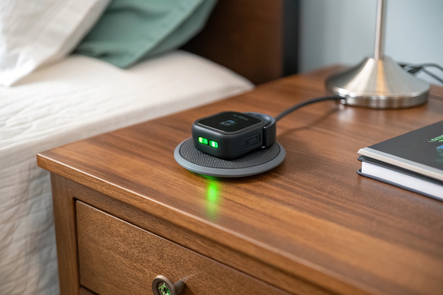 Un traceur pour animaux domestiques se recharge sur un élégant socle de chargement sans fil, avec un voyant vert indiquant une batterie pleine.