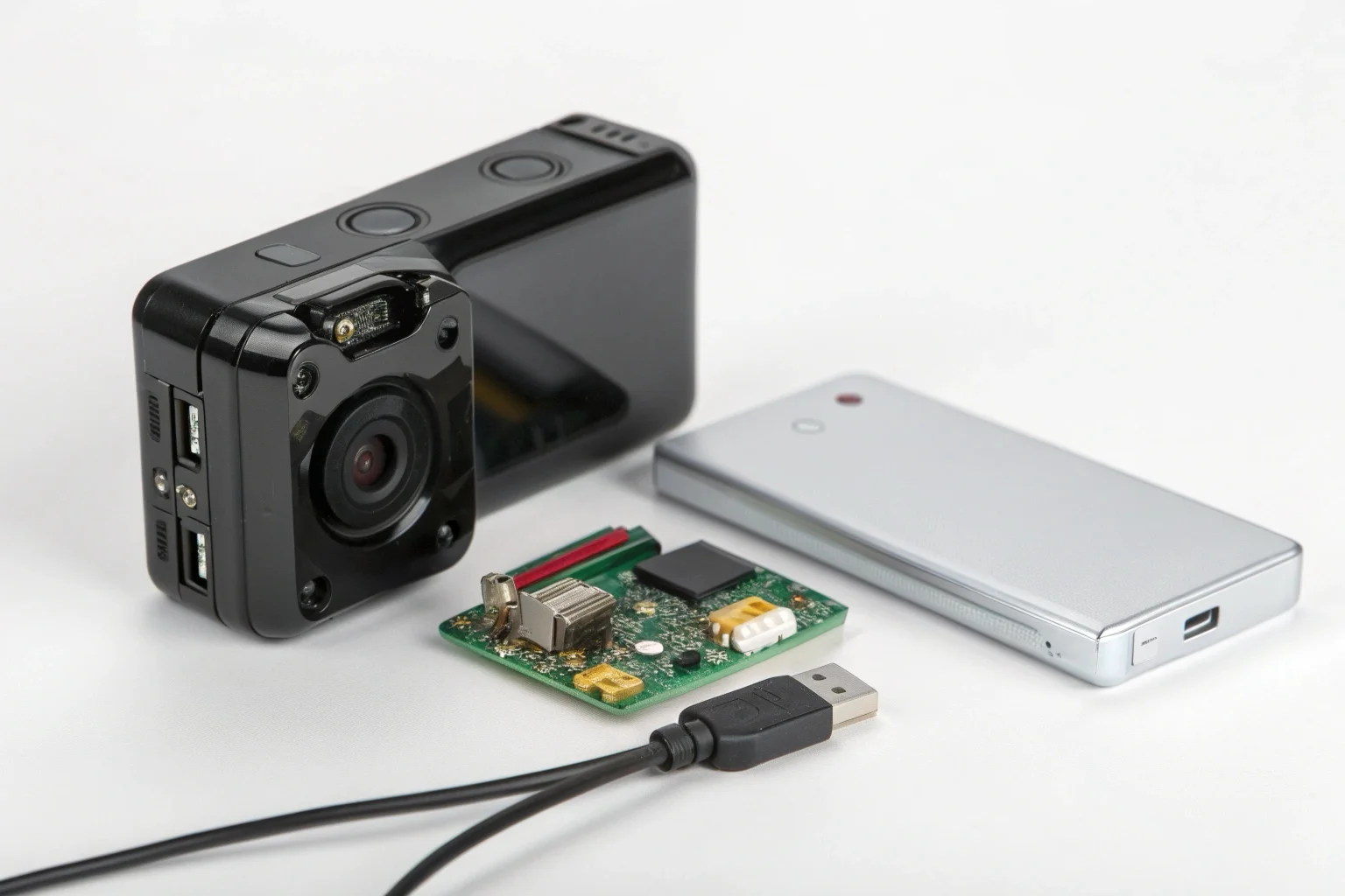 Une main tenant une caméra espion compacte à côté d'une batterie haute capacité