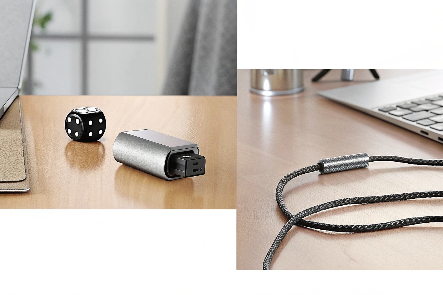 Une petite caméra espion noire placée à côté d'une batterie externe portable, reliée par un câble USB, suggère une capacité d'enregistrement étendue.