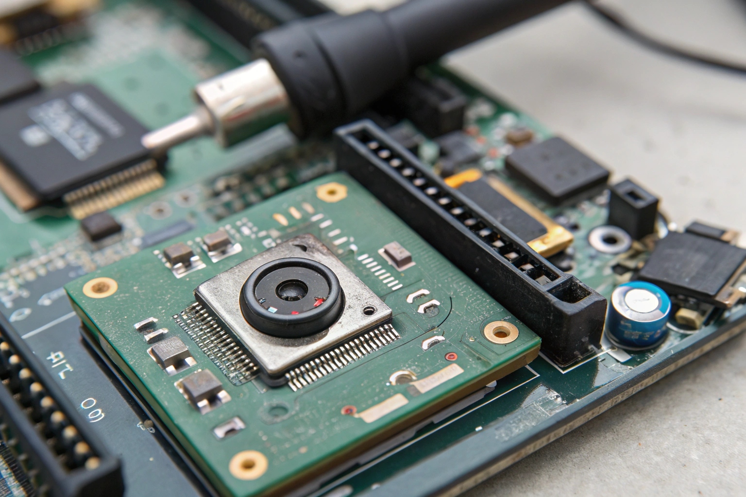 Gros plan macro des composants internes (puce et lentille) d'un stylo espion.