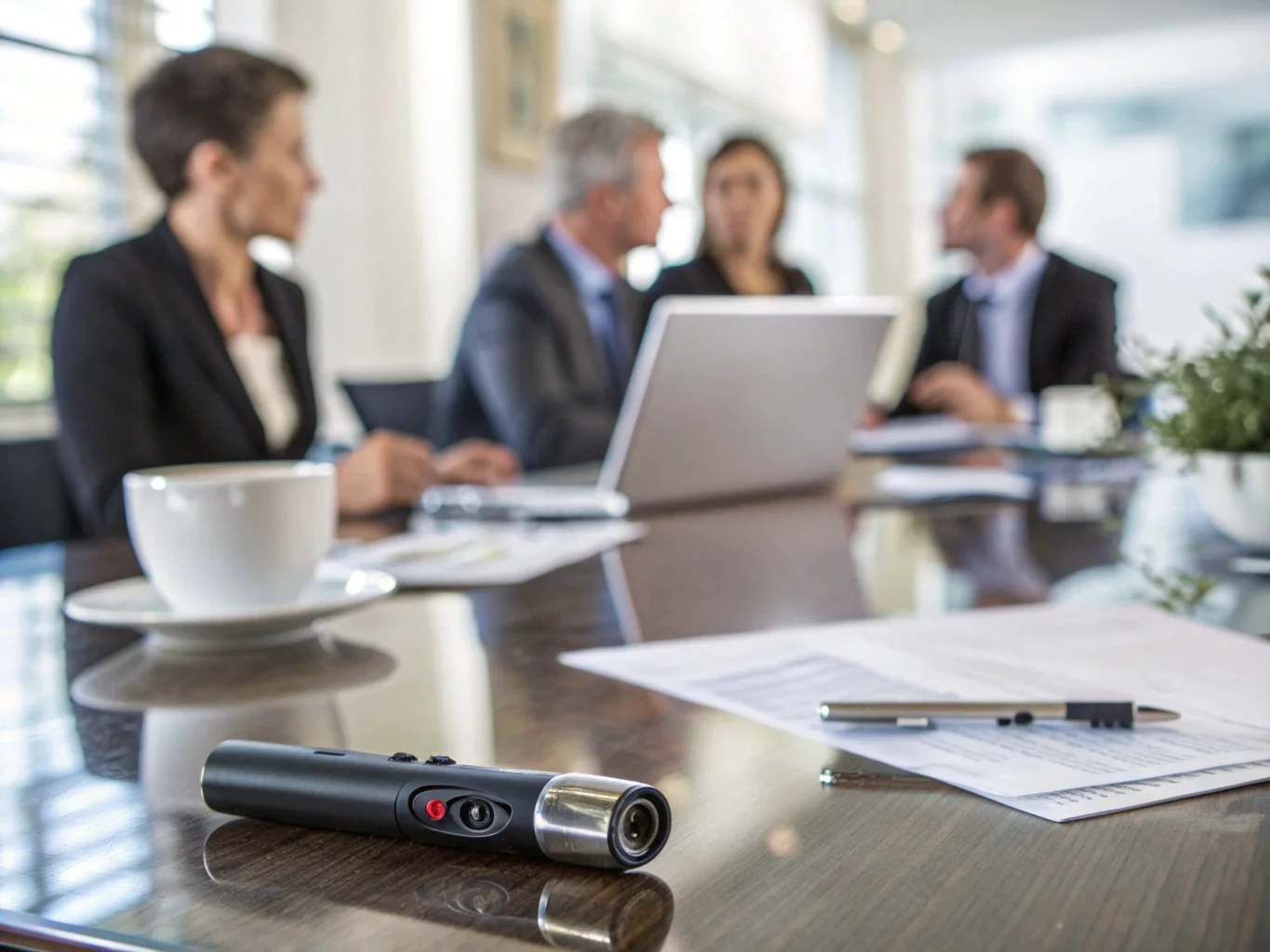 Une réunion d'affaires professionnelle avec un stylo caméra espion discrètement placé parmi des papiers et un ordinateur portable sur la table de conférence.