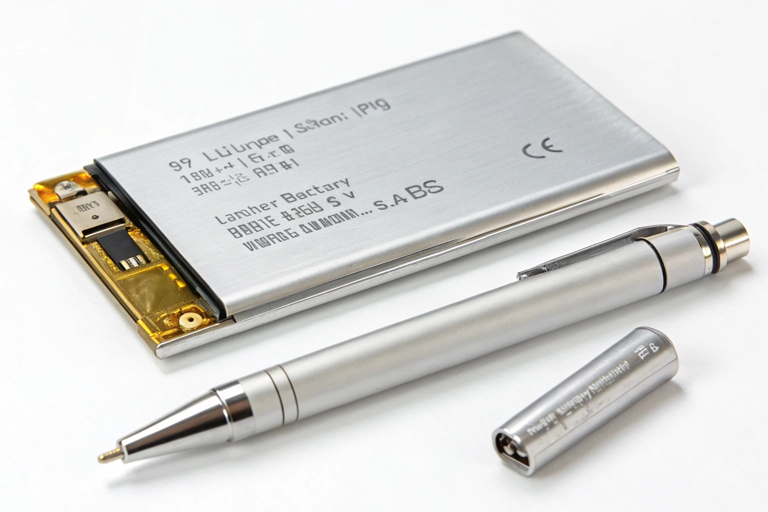 Un stylo espion présenté à côté de sa batterie lithium-polymère de haute qualité.