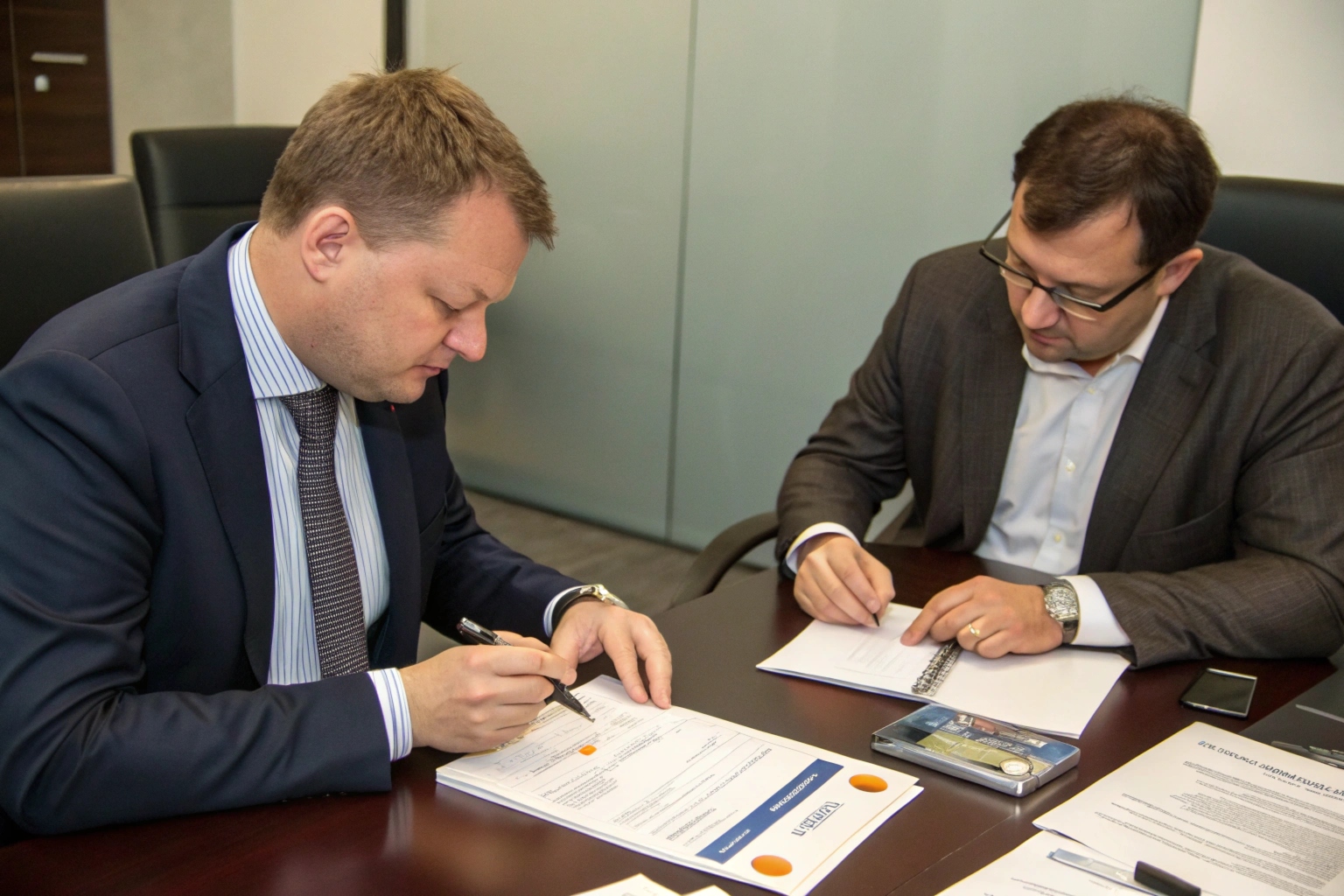 Réunion B2B avec un détaillant examinant un stylo espion, les certificats CE et RoHS étant visibles sur la table.