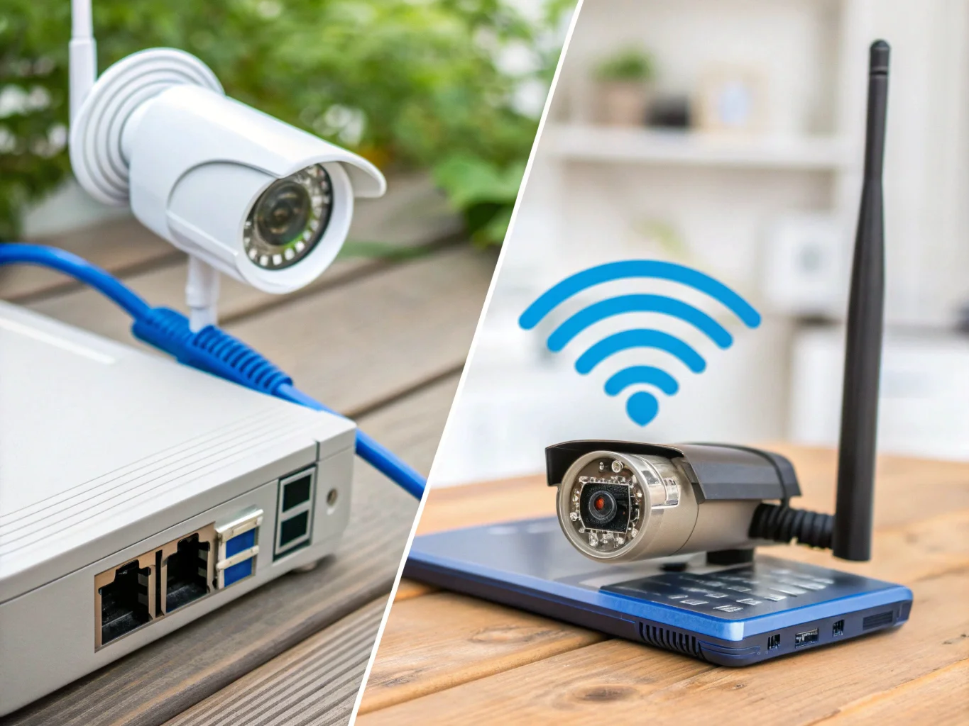 Une image qui montre une caméra connectée en mode sans fil à un routeur, connectée à une caméra traditionnelle collégiale avec un câble Ethernet