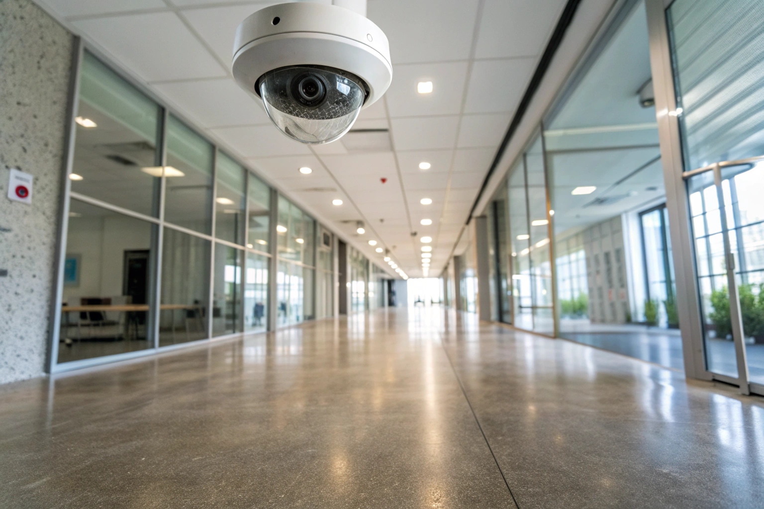 Une caméra de sécurité dôme visible, fixée au plafond d'un couloir de bureau moderne