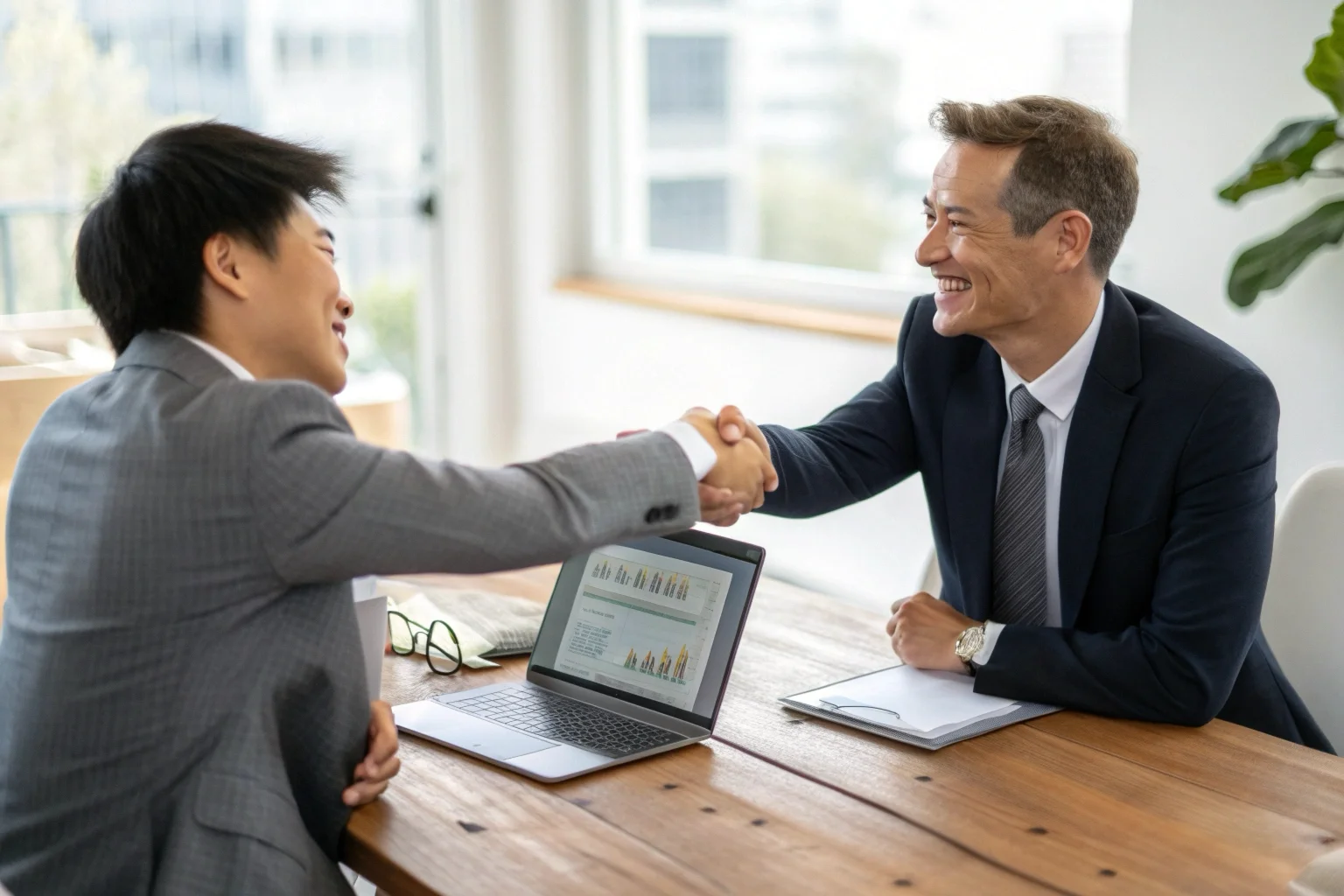 Une poignée de main scellant un accord commercial dans un bureau moderne