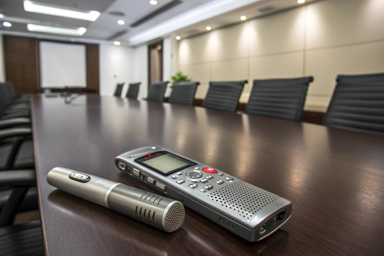 A sleek USB voice recorder placed next to a professional digital voice recorder on a conference table.