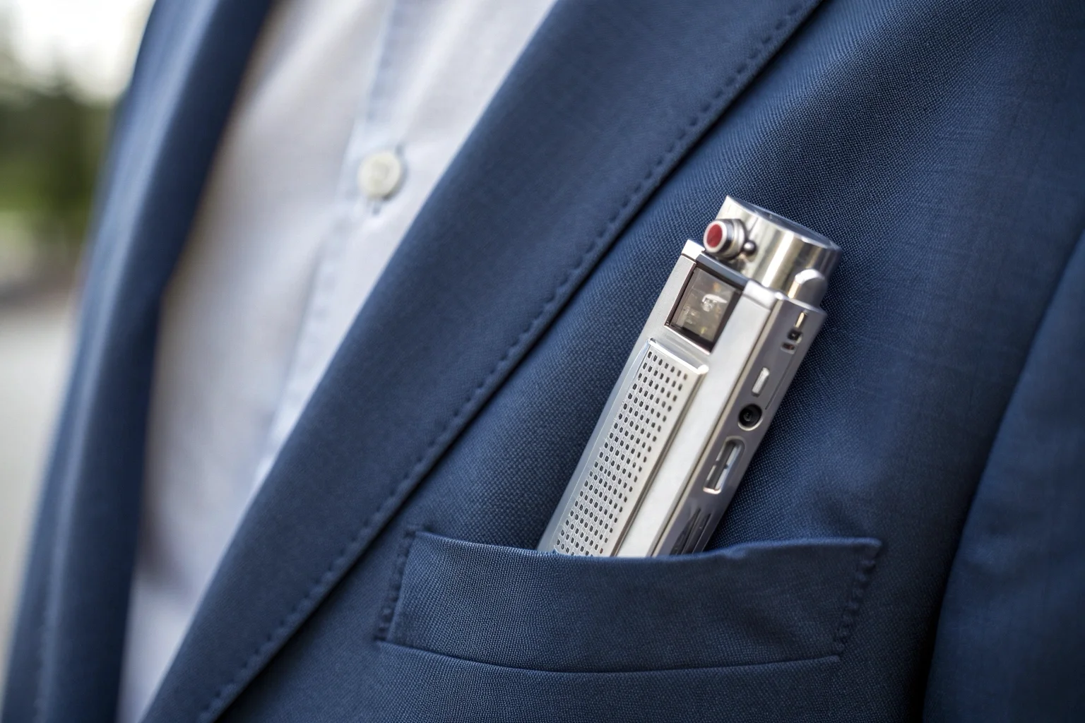 L'enregistreur vocal V11, avec son boîtier en aluminium et son clip, se fixe à la poche d'une chemise d'affaires.