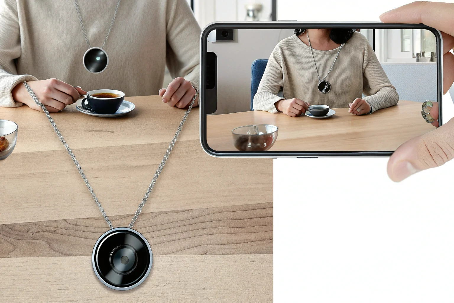 Un visuel en personne d'une personne avec une caméra espion qui enregistre une conversation d'affaires