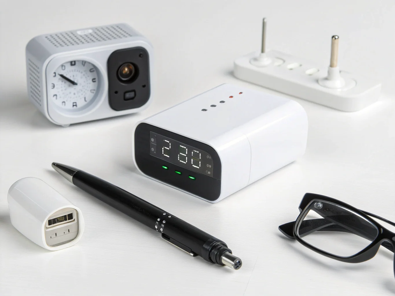 Une collection de caméras cachées diverses, dont un stylo, une horloge murale et un chargeur USB, disposées sur un fond blanc uni.