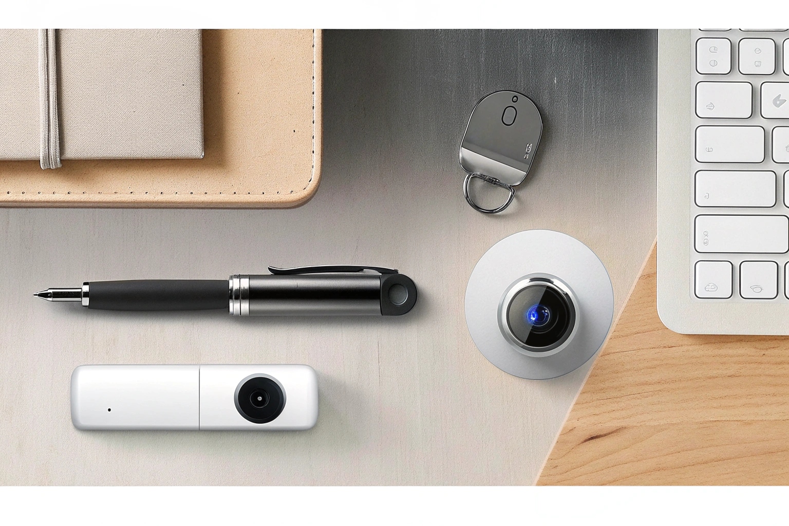 Une collection de caméras espionnes dissimulées dans des objets du quotidien comme un stylo, une horloge et un chargeur USB