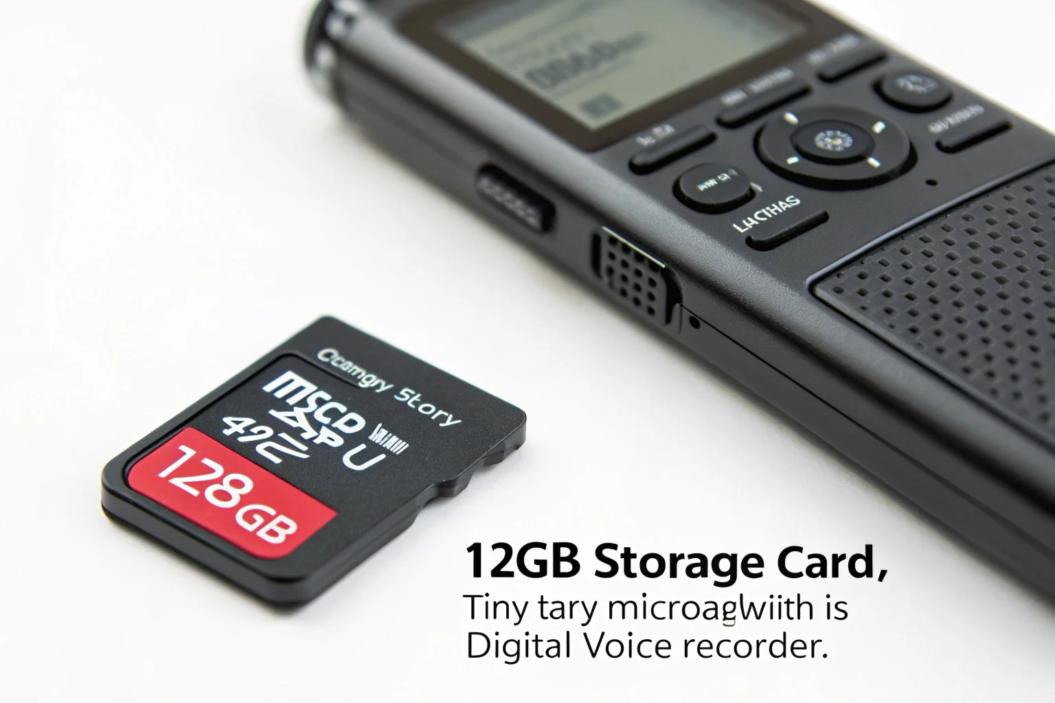 Une carte microSD de 128 Go placée à côté d'un enregistreur vocal numérique compact pour illustrer visuellement sa capacité de stockage.