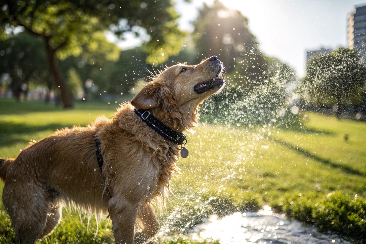 Gros plan d'un golden retriever se secouant pour enlever l'eau, son collier intelligent robuste et étanche étant parfaitement visible et intact.