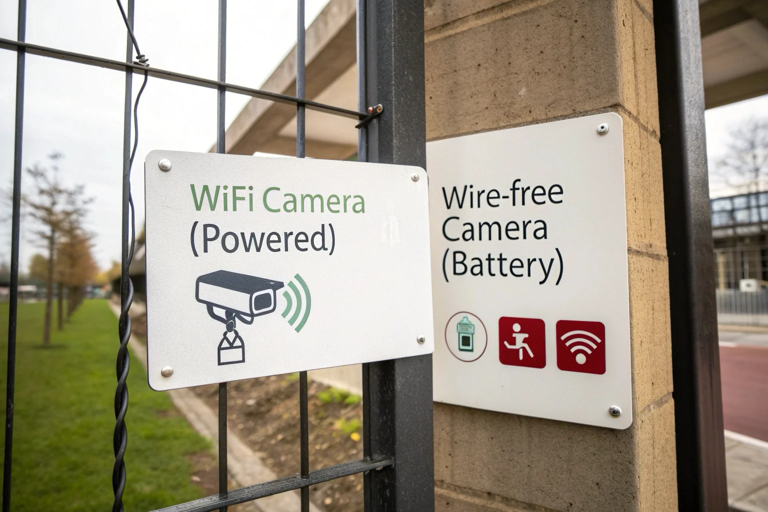 Un schéma qui montre une caméra WiFi qui est connectée à un routeur et une caméra à batterie qui est connectée à une base de station