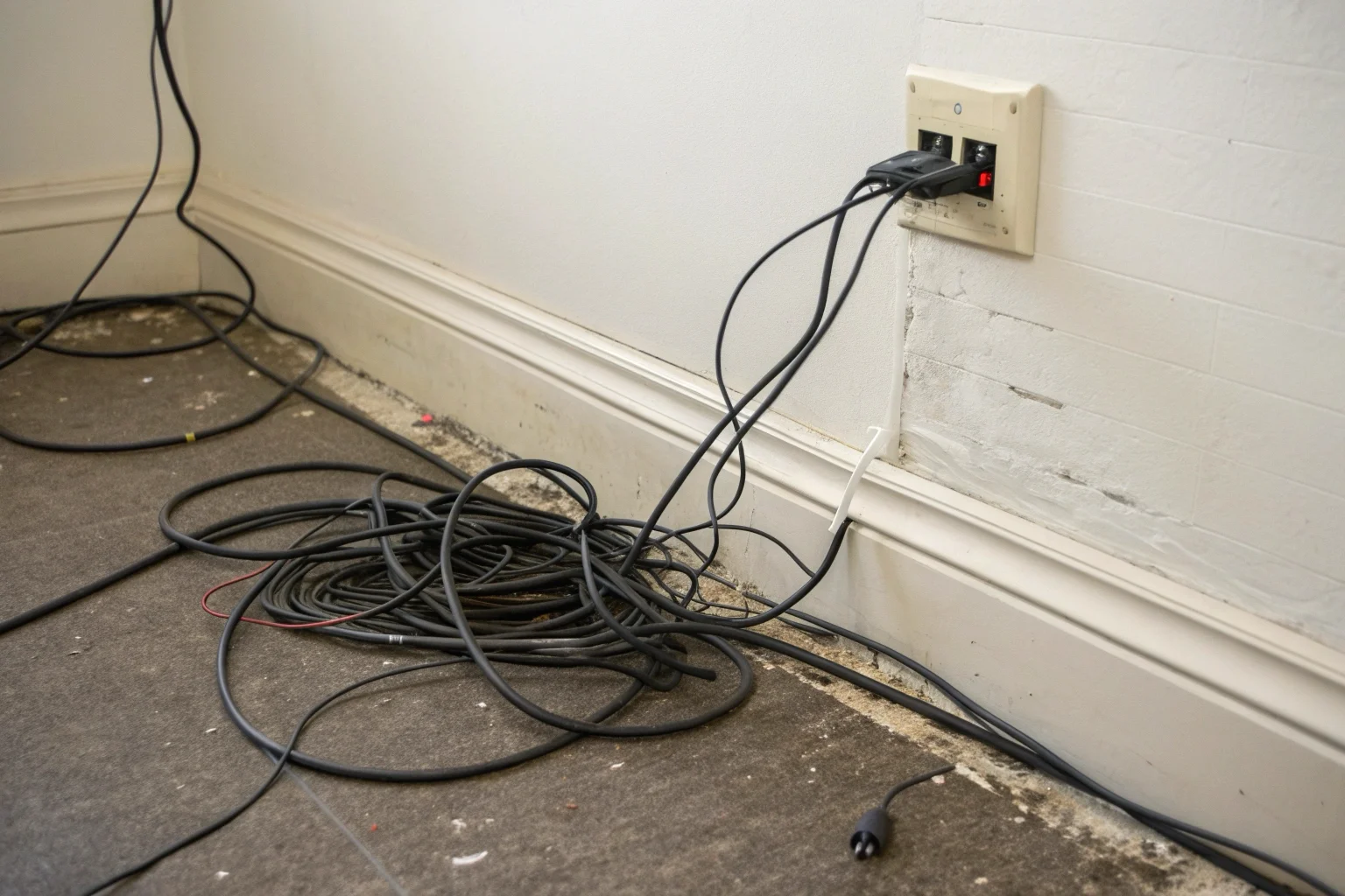 Un enchevêtrement désordonné de câbles de caméras de sécurité courant le long d'un mur et d'un plafond