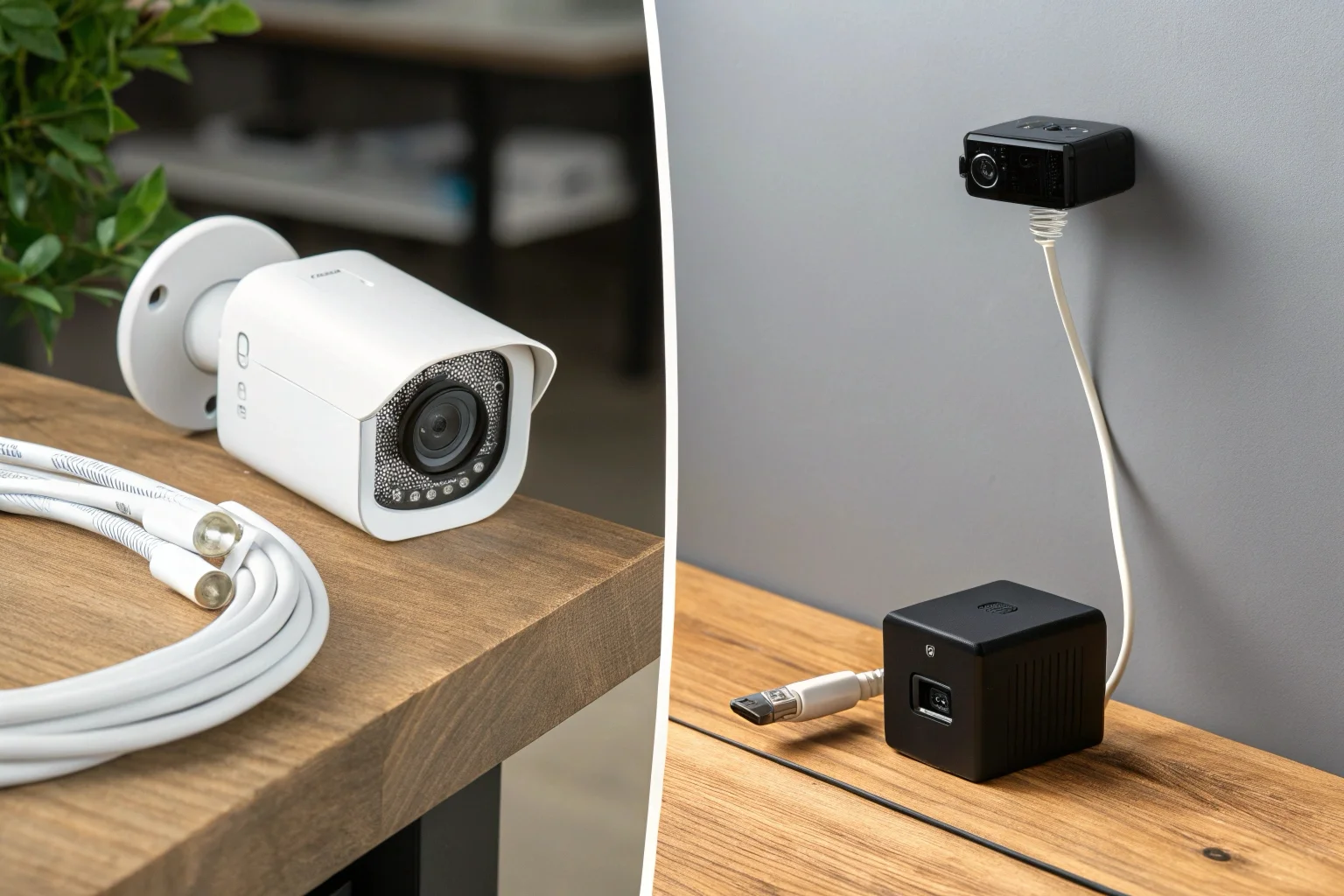 Comparaison côte à côte d'une caméra sans fil élégante et d'une caméra filaire robuste.