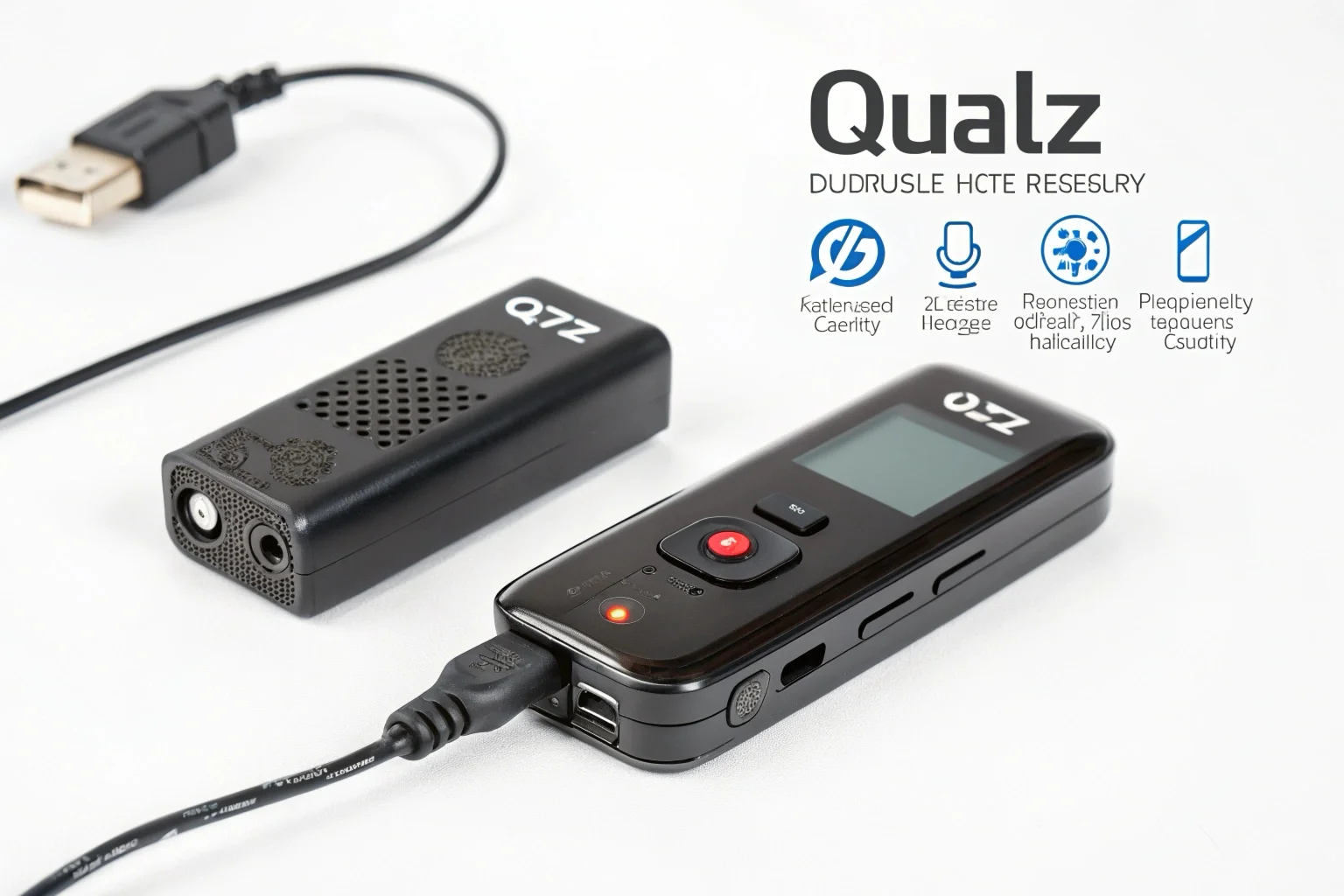 Un mini enregistreur vocal QZT en charge à côté d'une caméra cachée robuste.