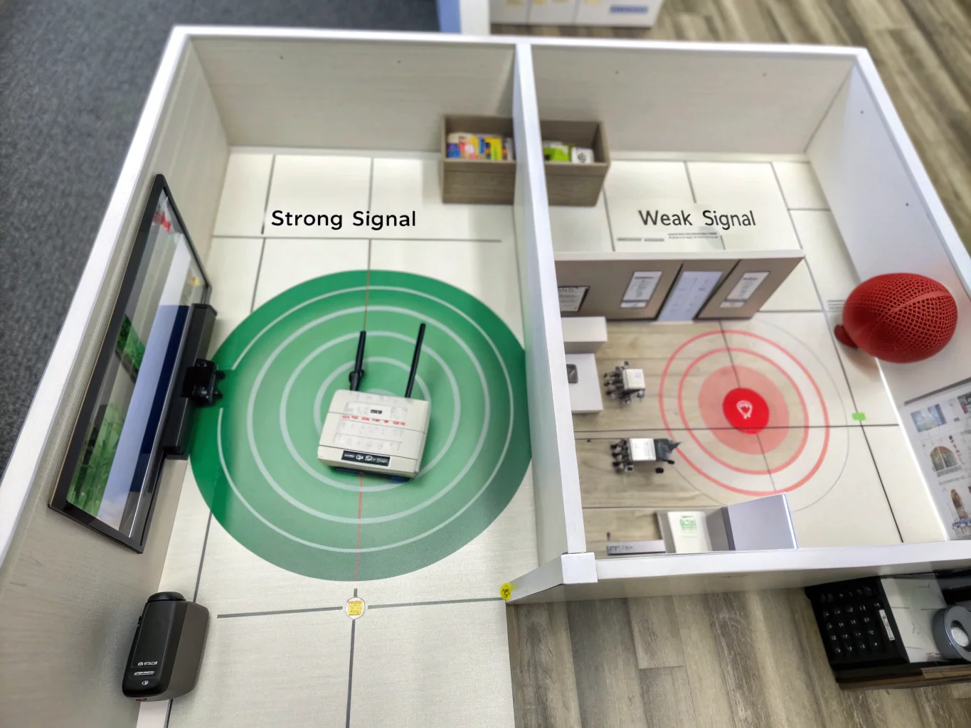Un schéma représentant un routeur WiFi dans un bâtiment, avec un cercle vert indiquant une zone de signal fort et un cercle rouge indiquant une zone de signal faible due aux murs.