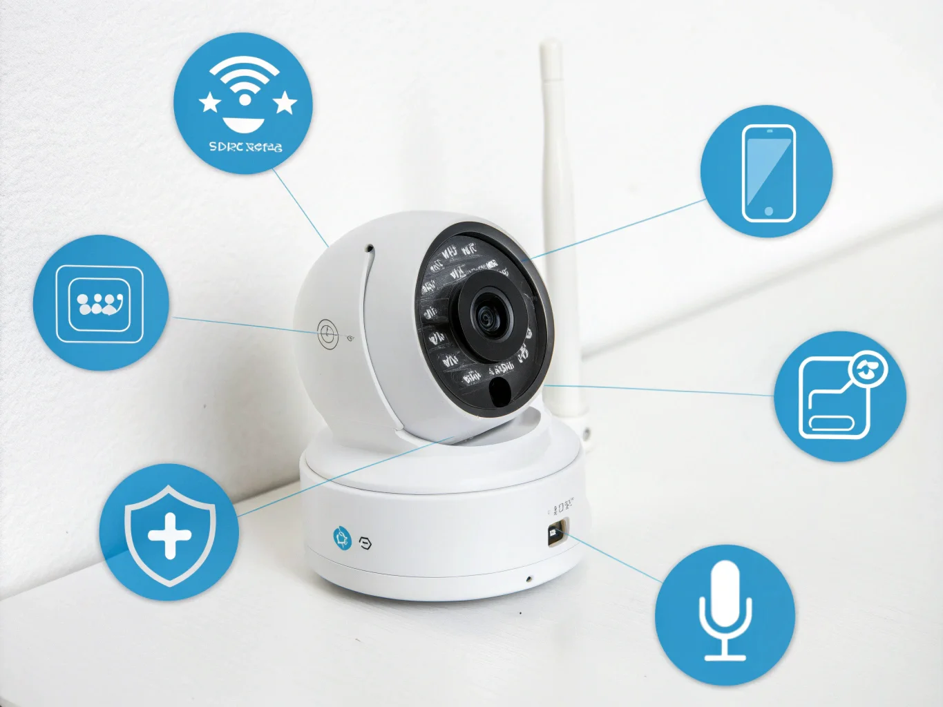 Une infographie montrant une caméra sans fil se connectant à un routeur WiFi, avec des signaux s'étendant à un smartphone et à un ordinateur portable, illustrant l'accès à distance.
