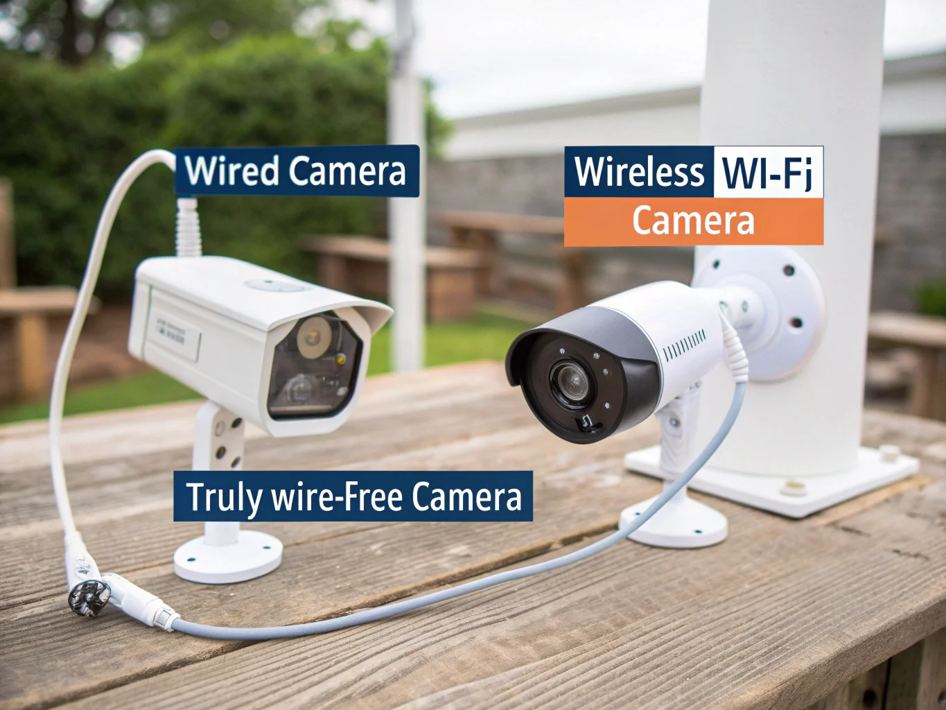 Une infographie comparant les caméras de sécurité filaires, sans fil Wi-Fi et véritablement sans fil.